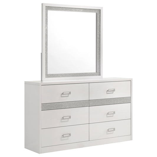 Viana 6-Drawer Bedroom Dresser with Beveled Mirror White High Gloss