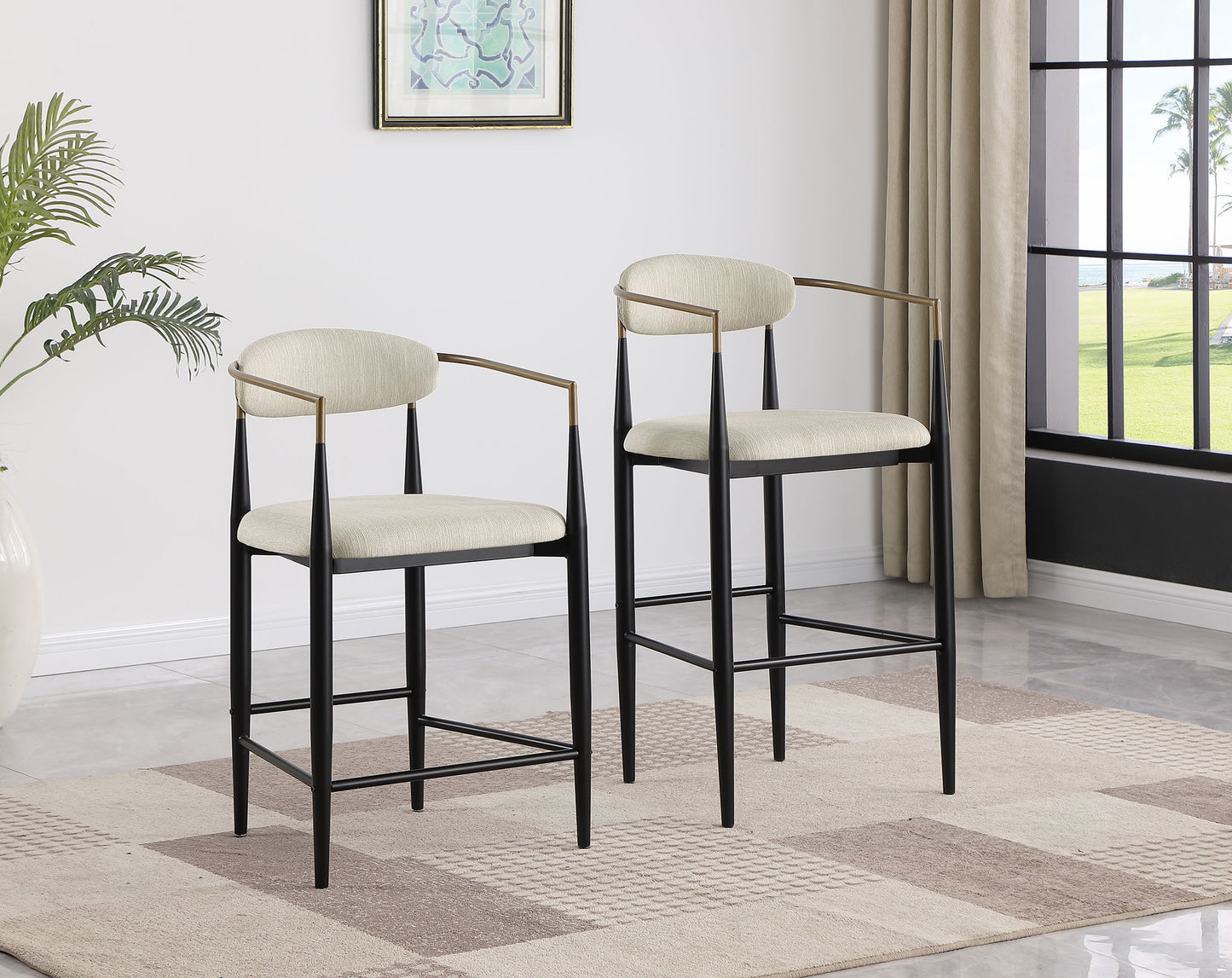 Tina Metal Counter Height Bar Stool with Upholstered Back and Seat Beige (Set of 2)