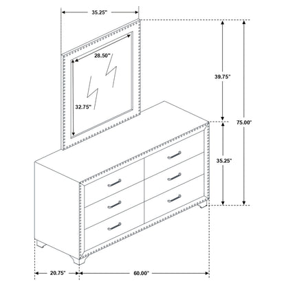 Melody 6-drawer Upholstered Dresser with Mirror Grey