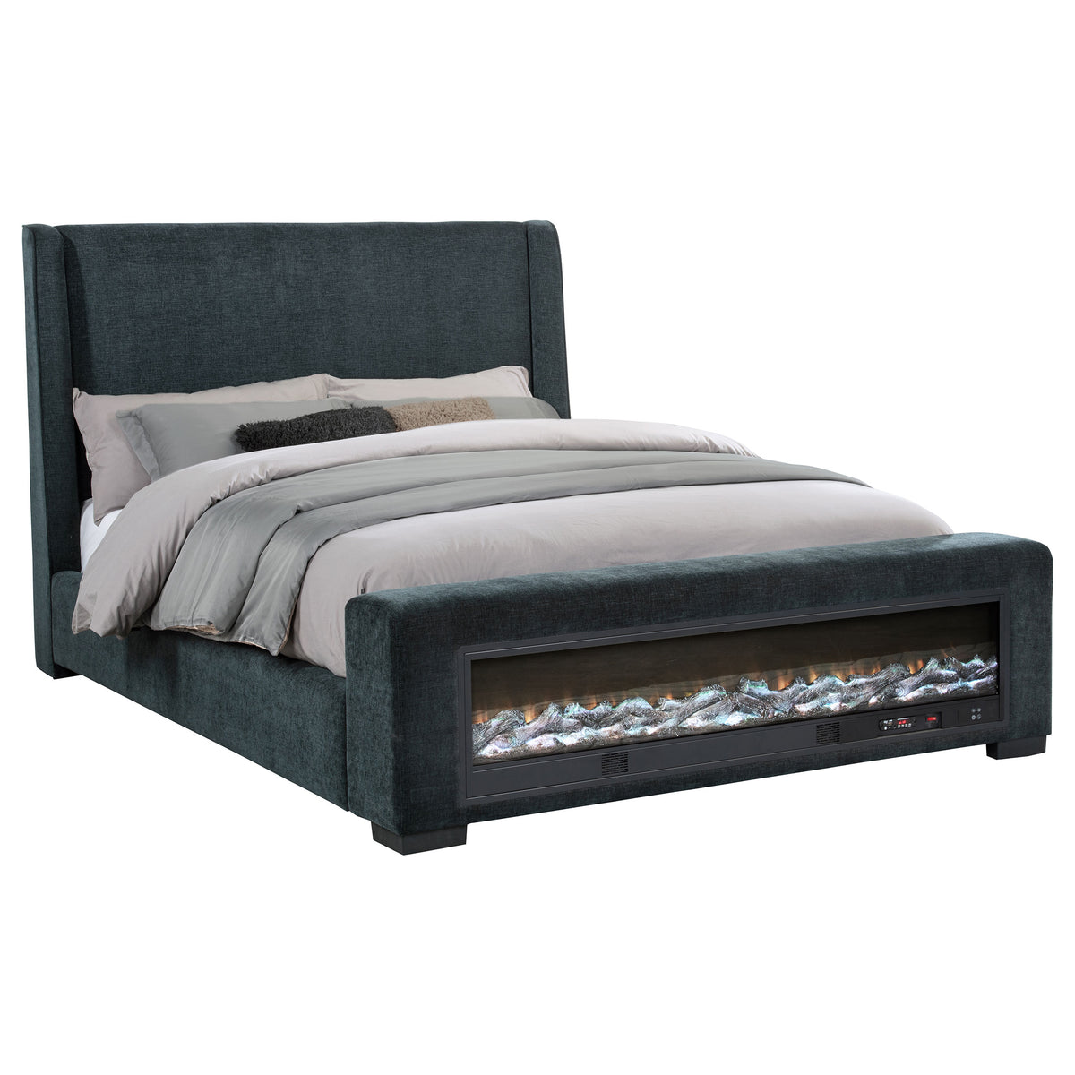 Preston Upholstered Eastern King Audio Flame Visualizer Bed Dark Blue