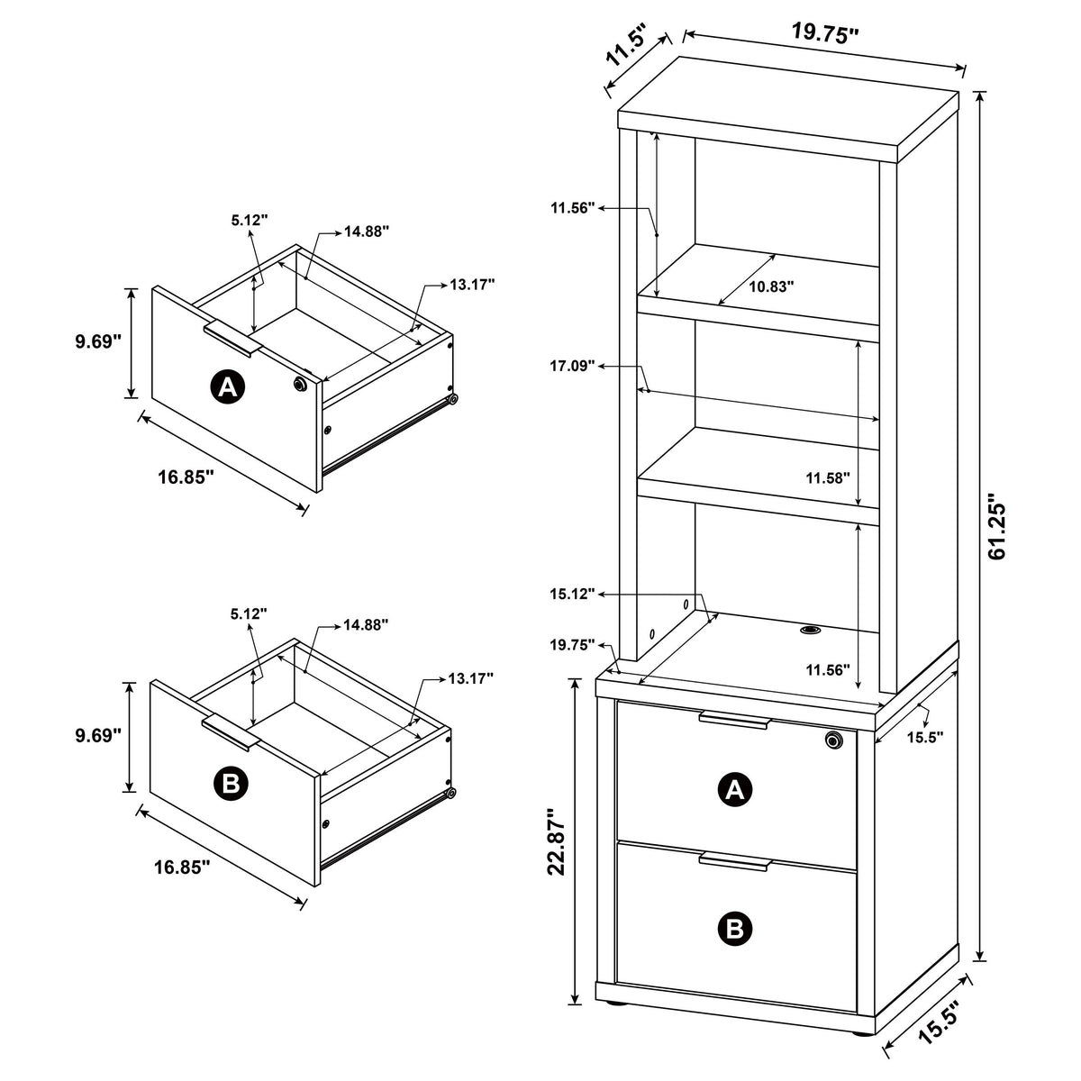 Westpark 3-shelf Bookcase USB and Lockable Drawer Black