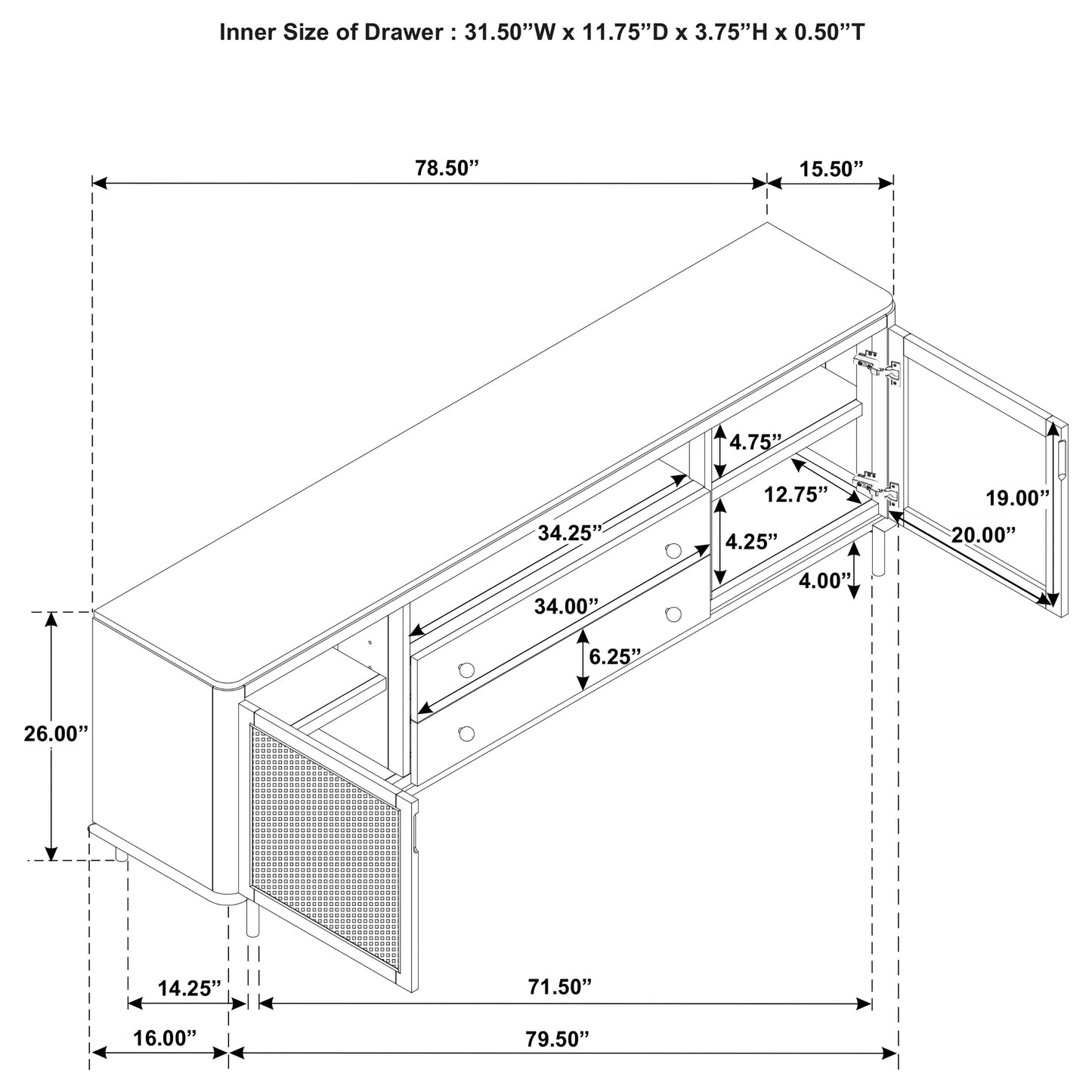 Arini Rattan Cane 2-door TV Stand Media Console Black