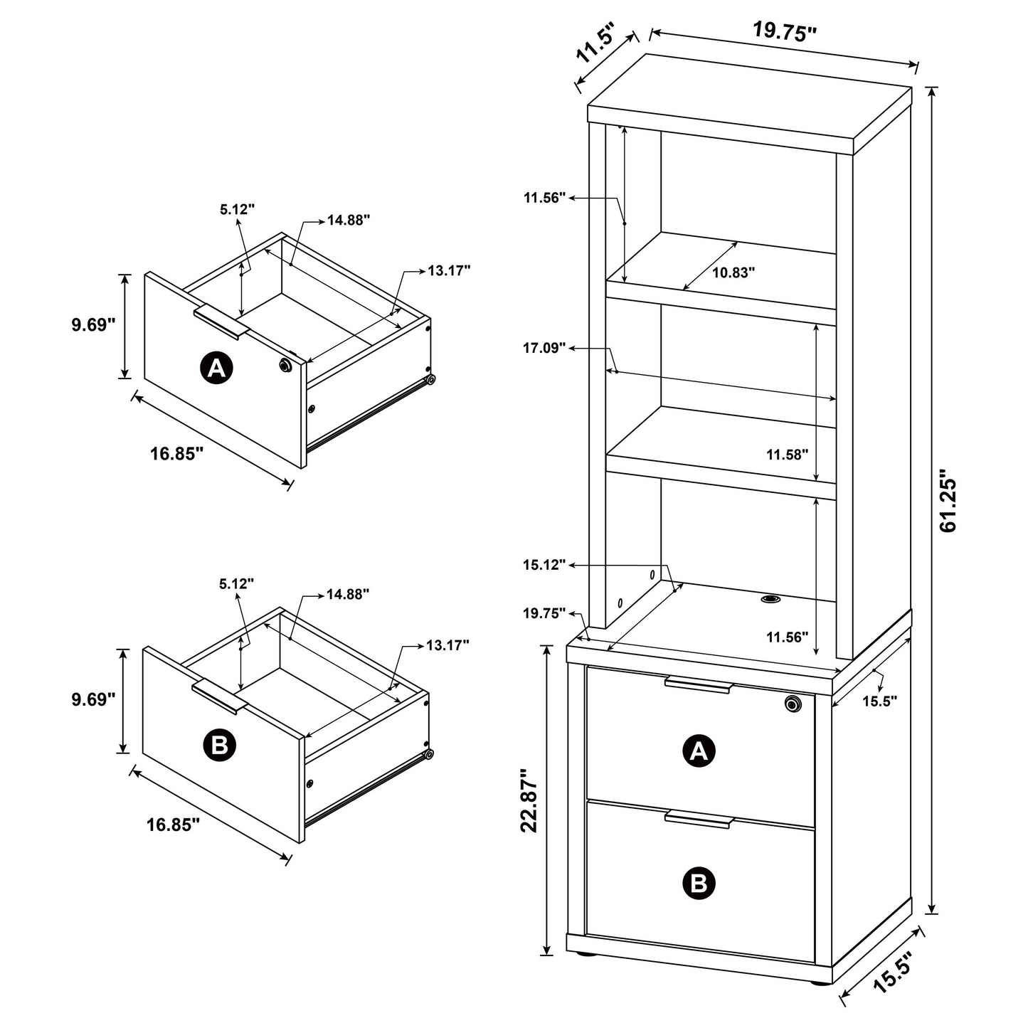 Westpark 3-piece Wall Unit Bookcase Set with USB Black
