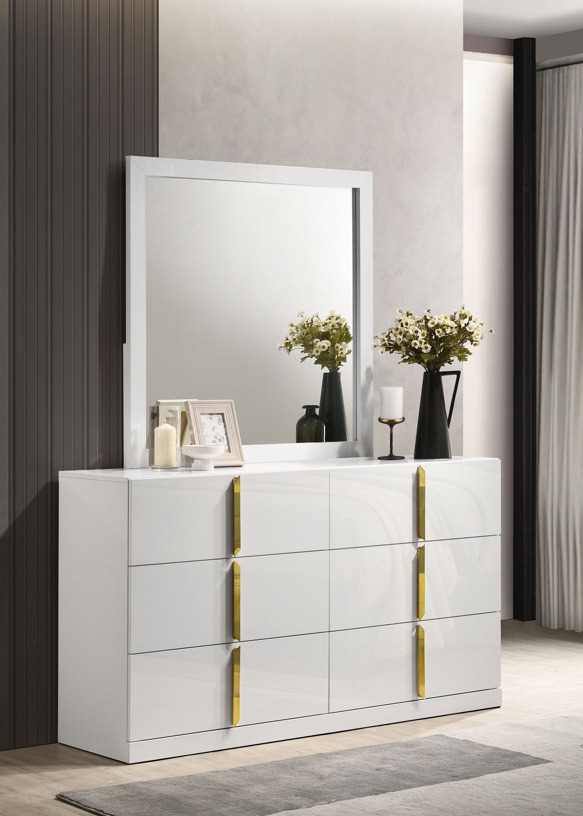 Ines 6-drawer Bedroom Dresser with Mirror White High Gloss
