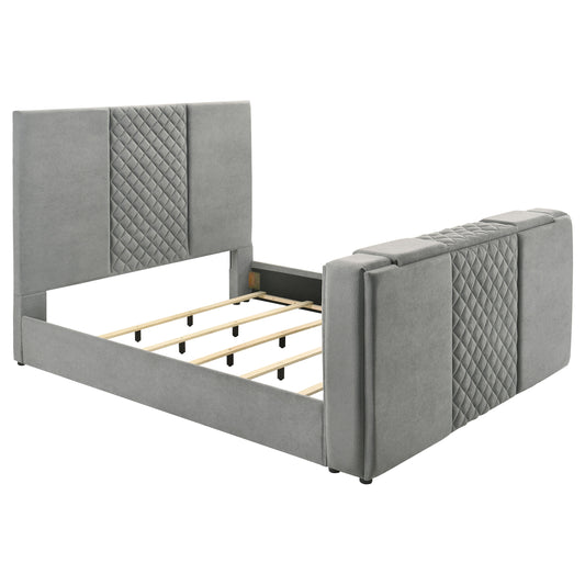 Tara 61-inch Upholstered Eastern King Panel TV Bed Grey
