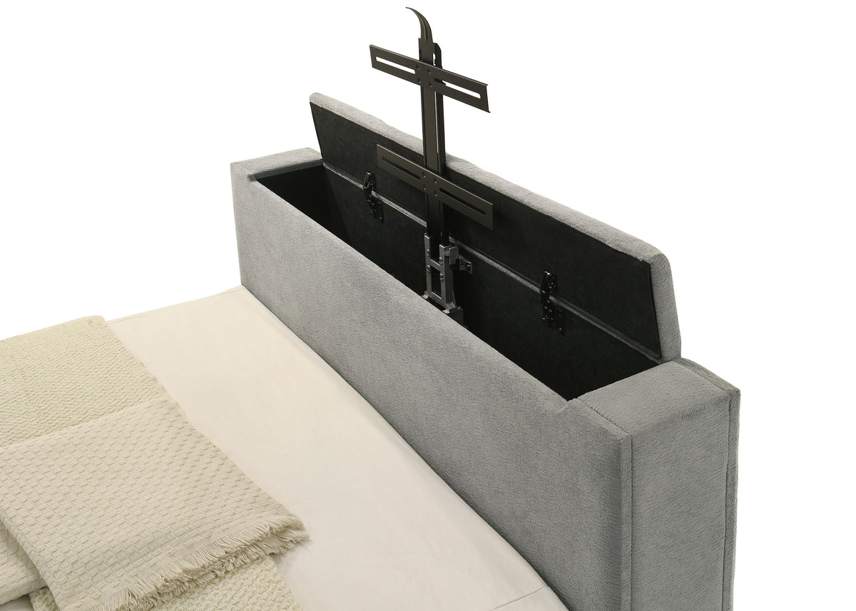 Tara 61-inch Upholstered Queen Panel TV Bed Grey