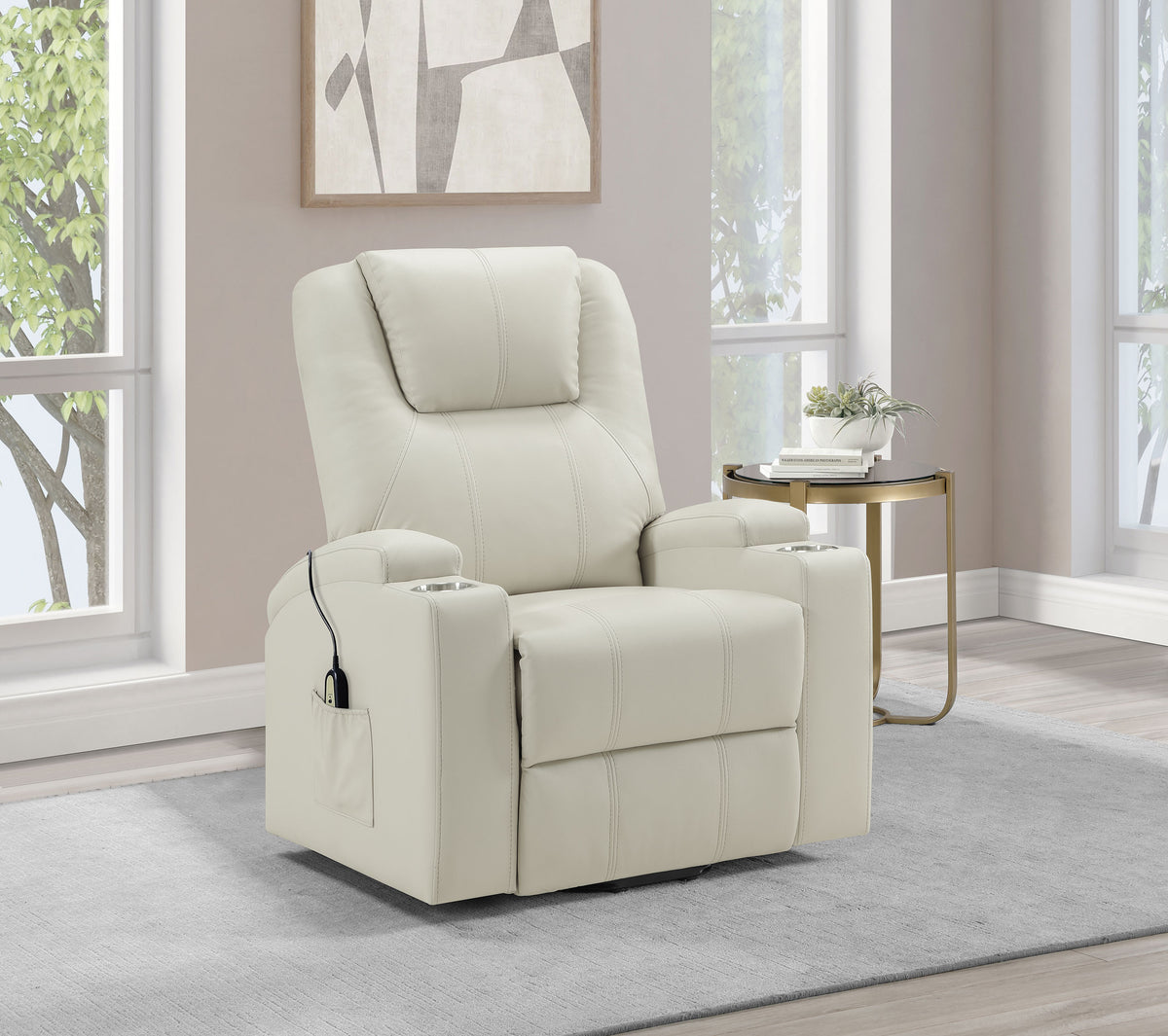 Armstrong Tufted Faux Leather Power Lift Massage Recliner Ivory