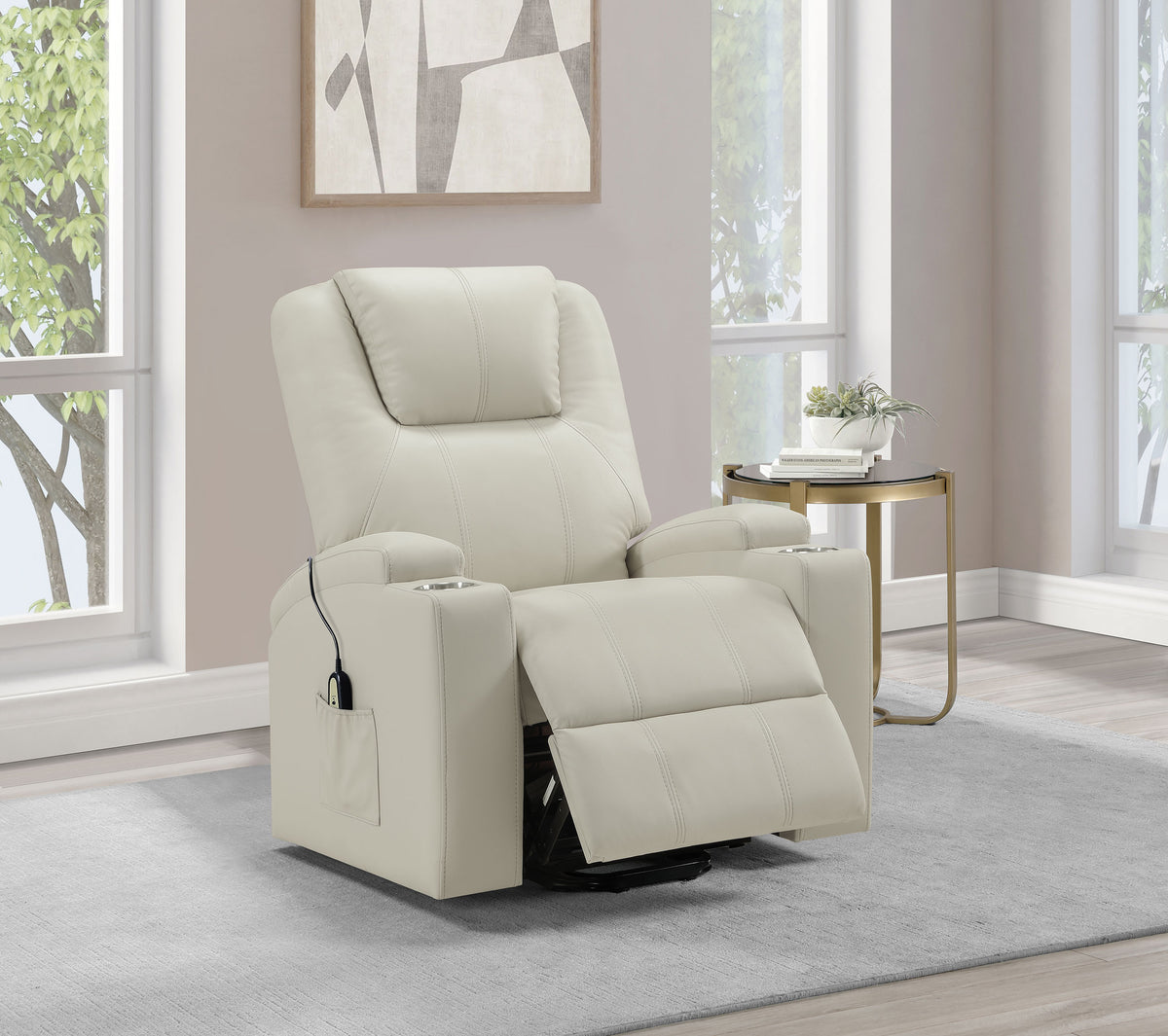 Armstrong Tufted Faux Leather Power Lift Massage Recliner Ivory
