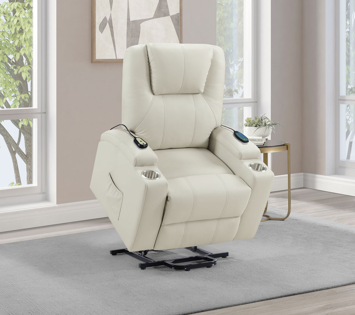 Armstrong Tufted Faux Leather Power Lift Massage Recliner Ivory