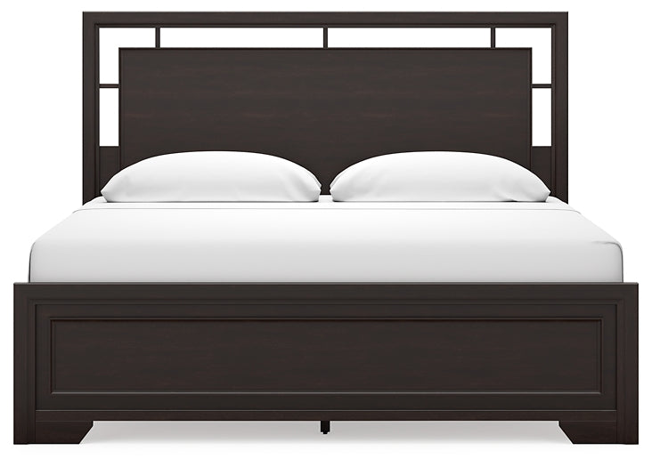 Covetown King Panel Bed with Mirrored Dresser, Chest and Nightstand