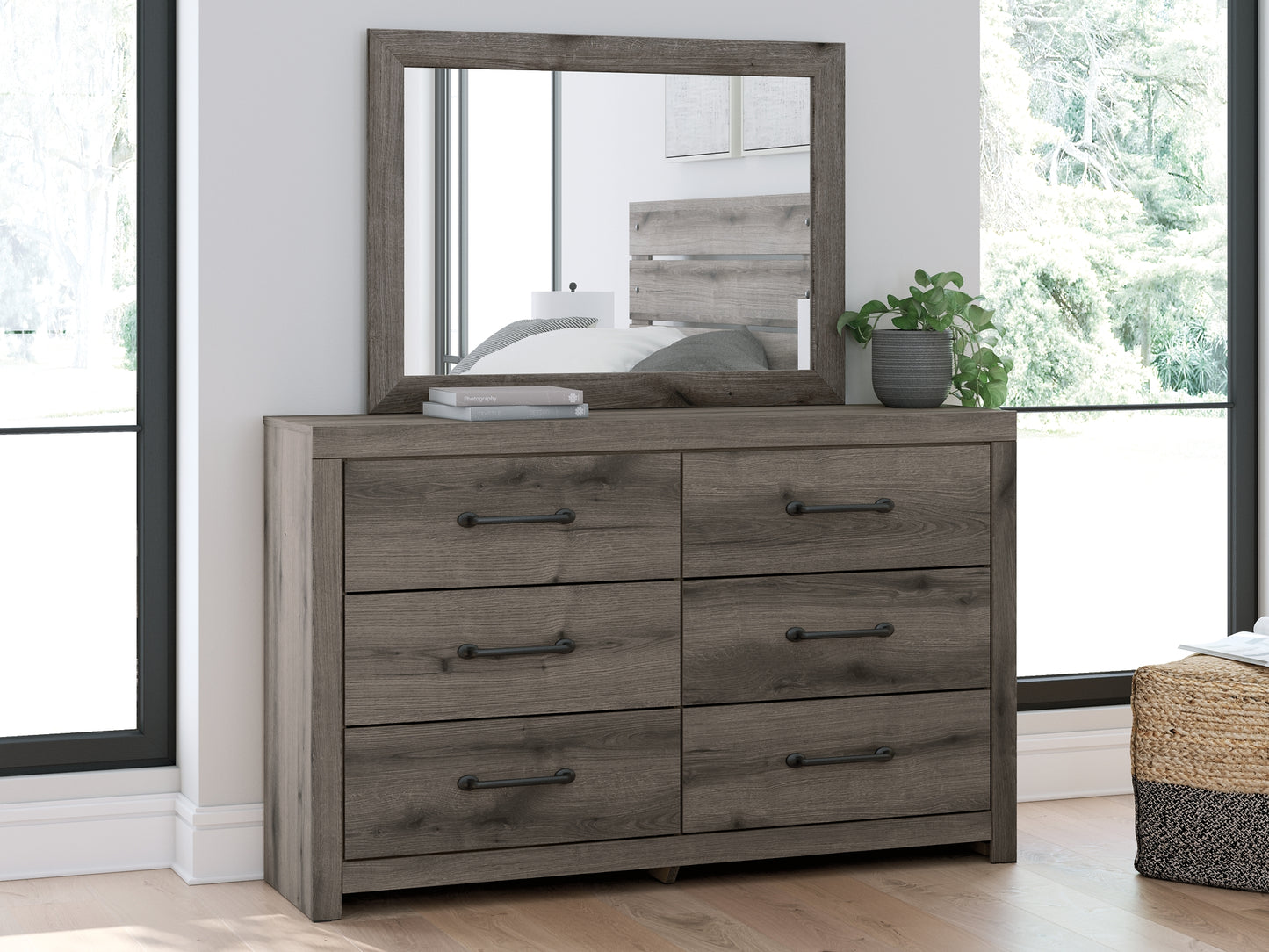 Graystorm King Panel Bed with Mirrored Dresser and Nightstand