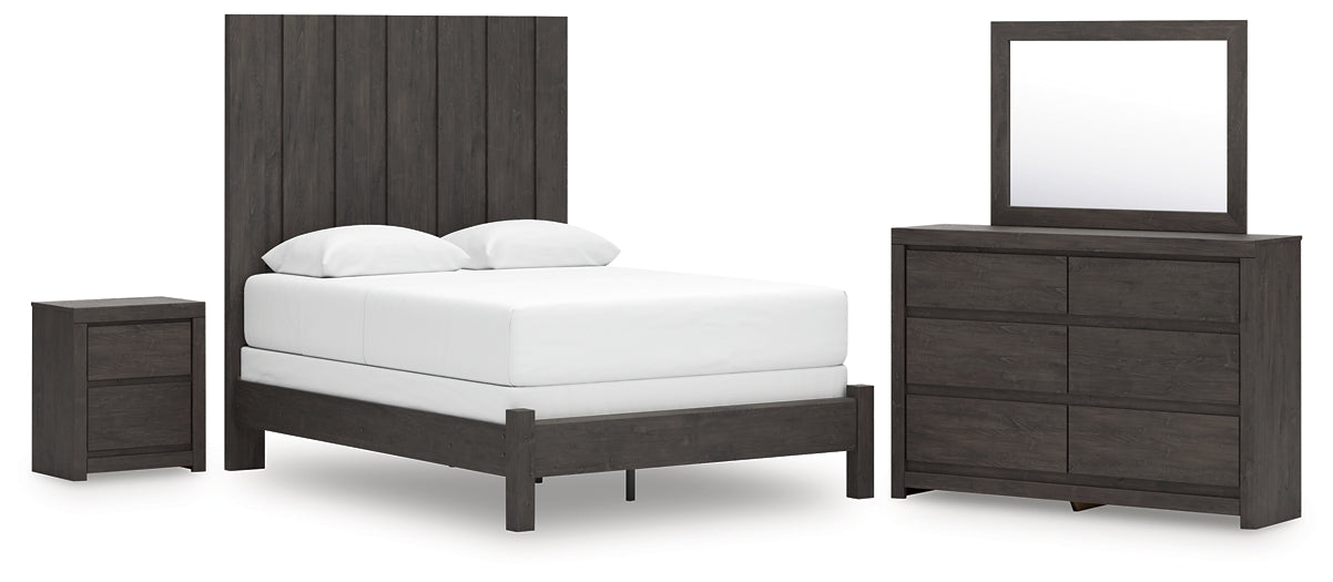Fraluna Queen Panel Bed with Mirrored Dresser and Nightstand