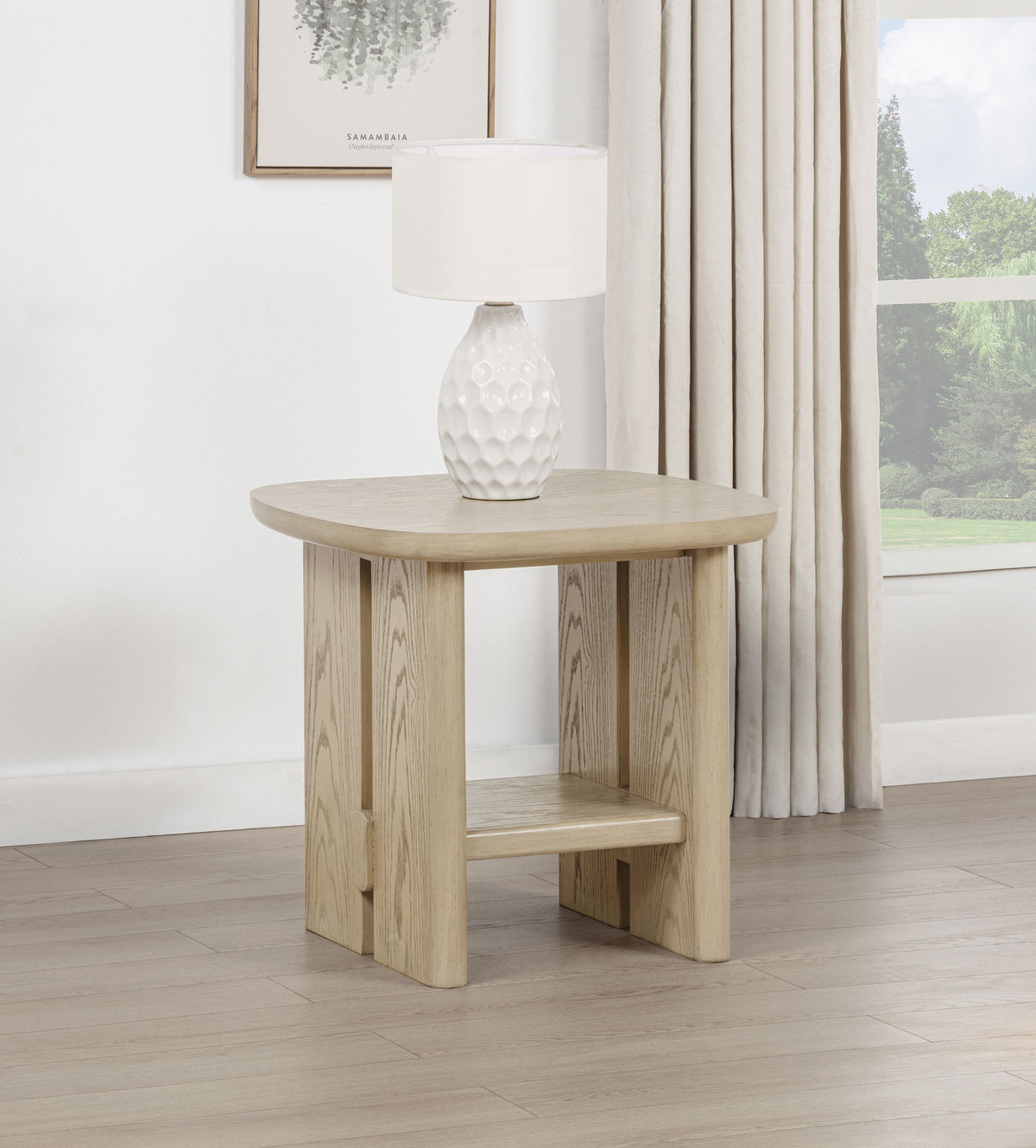 Kailani Coastal Rectangular End Side Table with Shelf Beige Oak