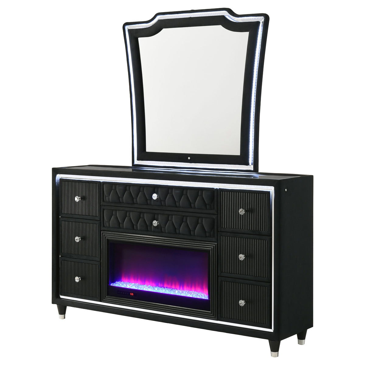 Lorient 8-drawer LED Flame Box Dresser and Mirror Black