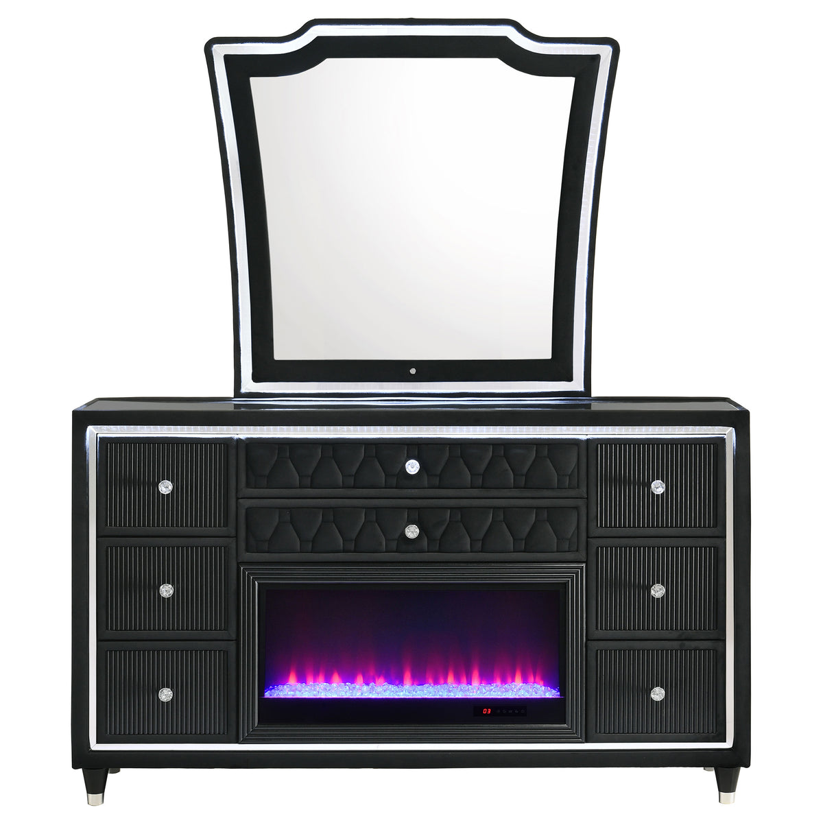 Lorient 8-drawer LED Flame Box Dresser and Mirror Black