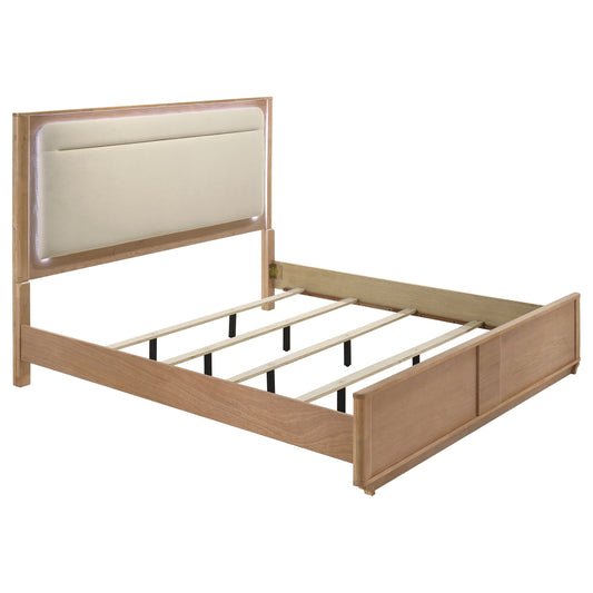 Leanne Eastern King LED Panel Bed Off White and Light Oak