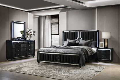 Ravenne 4-piece Velvet Upholstered Eastern King LED Bedroom Set Black