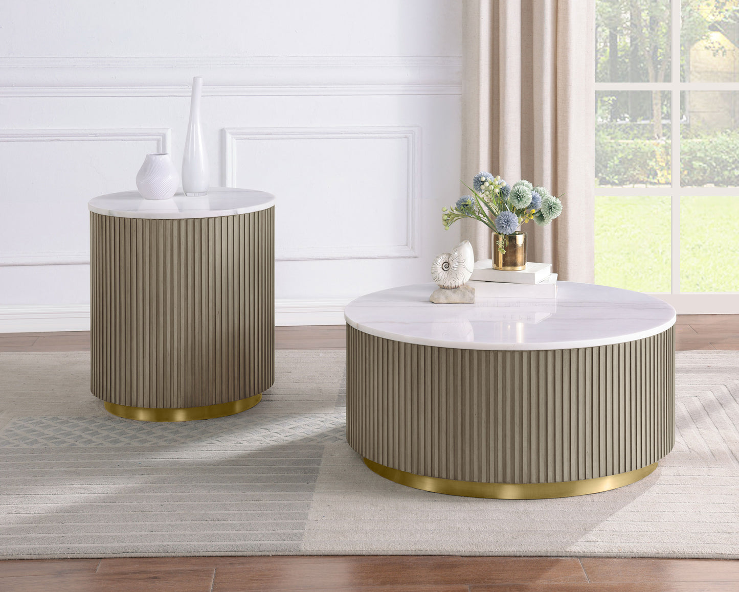 Jason 2-piece Round White Marble Coffee Table Set Greige