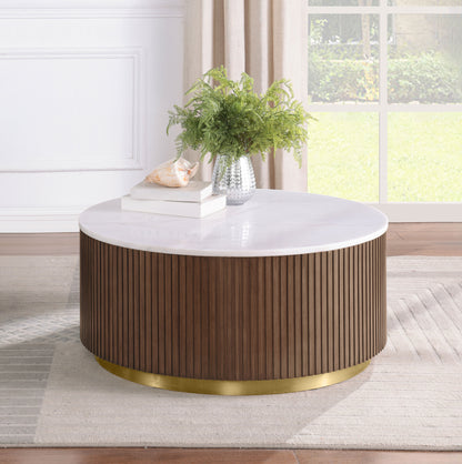 Jason Round White Marble Top Coffee Table Honey Brown