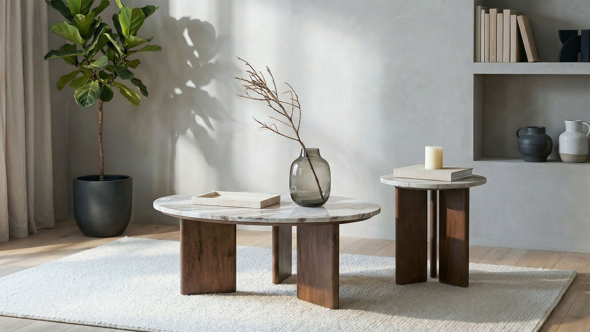 Jenna Round Marble Top Mango Wood Side End Table Brown