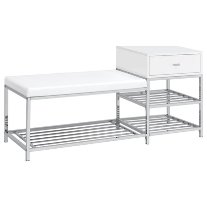 Siega 1-Drawer Shoe Storage Entryway Bench White High Gloss and Chrome