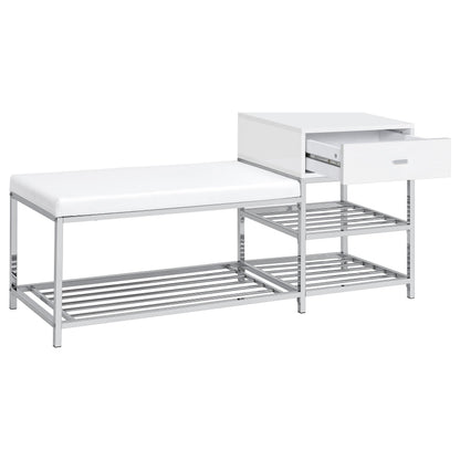 Siega 1-Drawer Shoe Storage Entryway Bench White High Gloss and Chrome