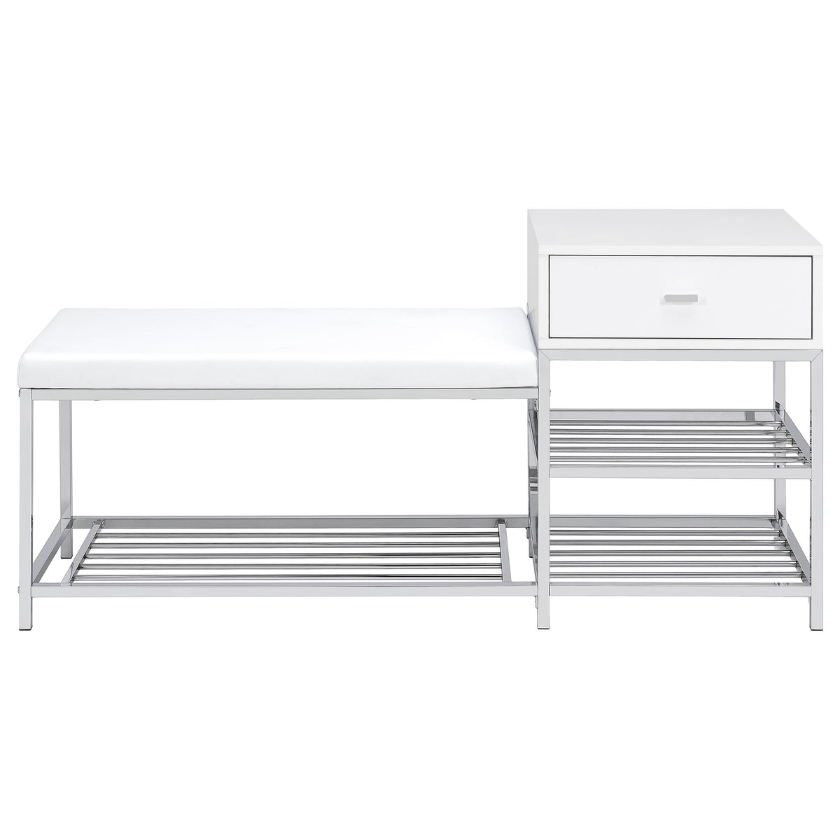 Siega 1-Drawer Shoe Storage Entryway Bench White High Gloss and Chrome