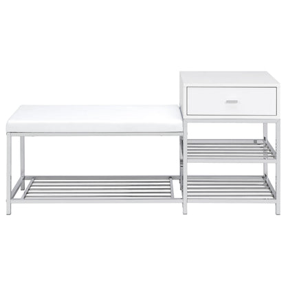 Siega 1-Drawer Shoe Storage Entryway Bench White High Gloss and Chrome