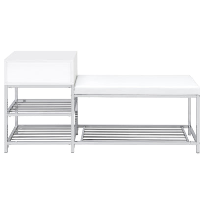 Siega 1-Drawer Shoe Storage Entryway Bench White High Gloss and Chrome