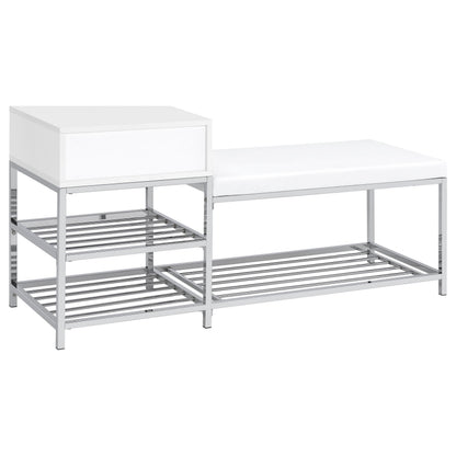 Siega 1-Drawer Shoe Storage Entryway Bench White High Gloss and Chrome