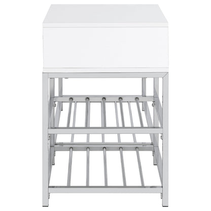 Siega 1-Drawer Shoe Storage Entryway Bench White High Gloss and Chrome