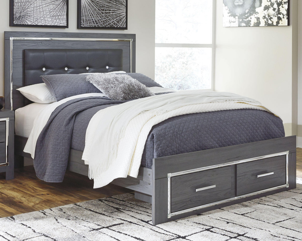 Lodanna Queen Panel Bed with 2 Storage Drawers, Dresser, Mirror and Nightstand