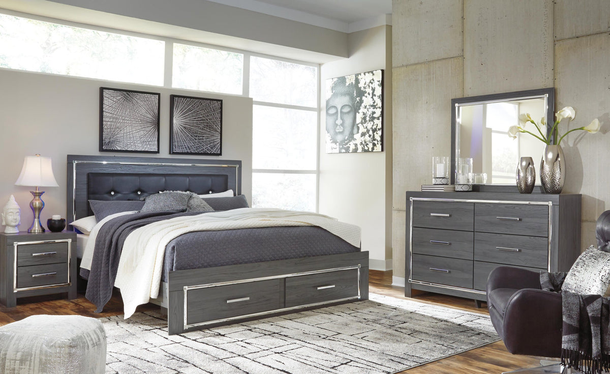 Lodanna King Panel Bed with 2 Storage Drawers, Dresser, Mirror and Nightstand
