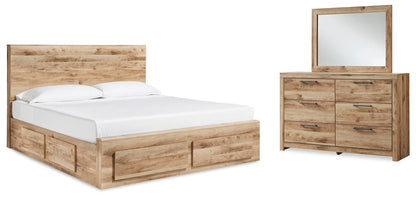 Hyanna King Panel Storage Bed with 2 Under Bed Storage Drawers, Dresser and Mirror