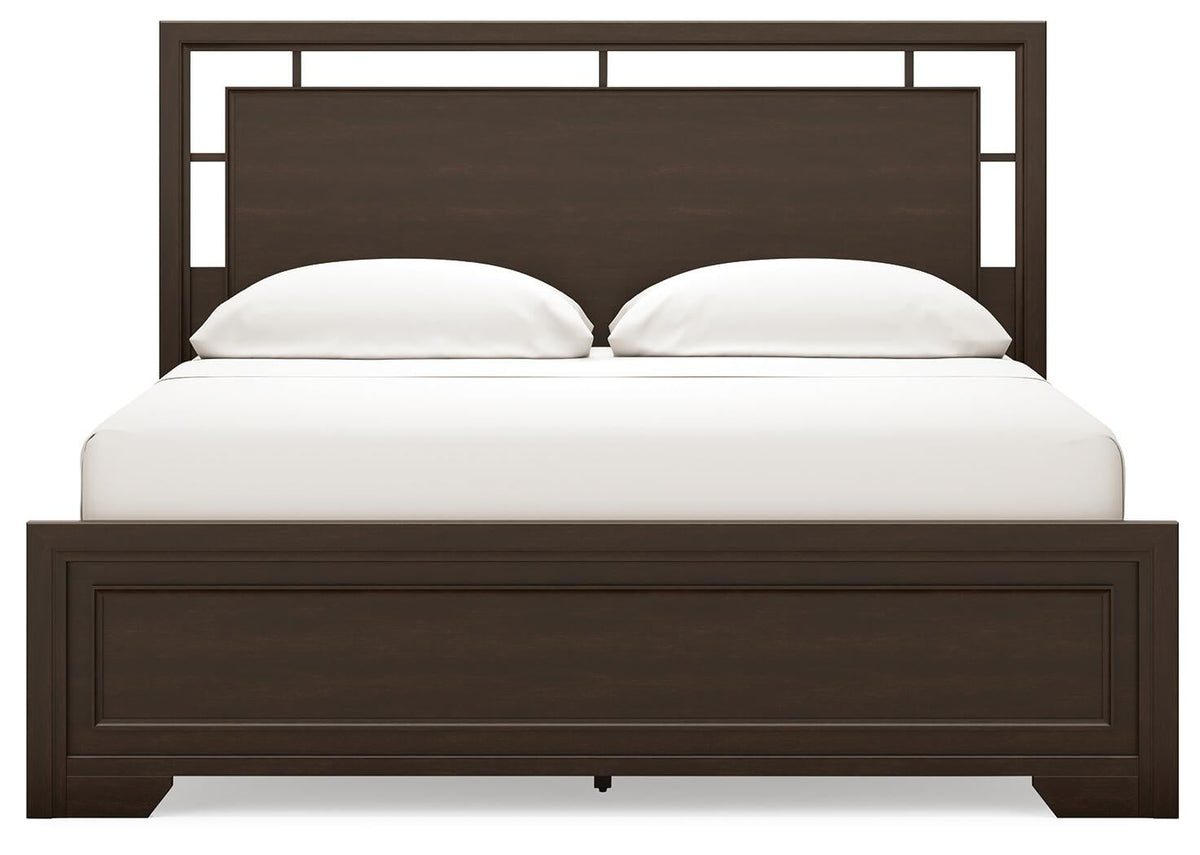 Covetown California King Panel Bed with Mirrored Dresser and Nightstand