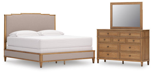 Sharlance King Upholstered Panel Bed, Dresser and Mirror