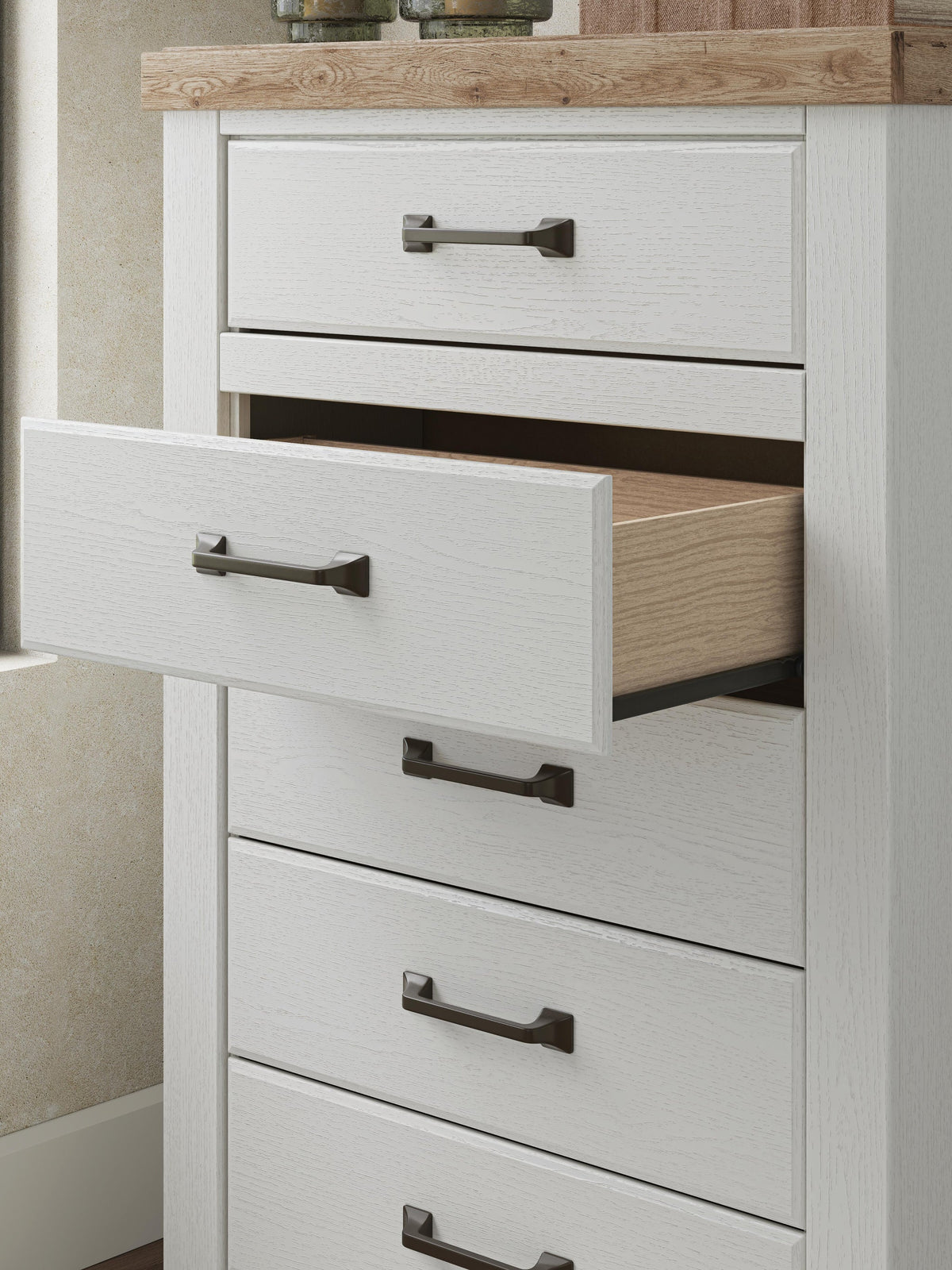Savonport King Panel Bed with Storage, Dresser, Mirror, Chest and Nightstand