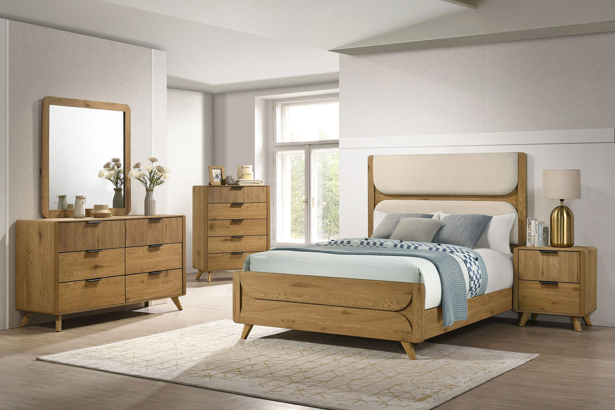 Bennett Full Mid-Century Fabric Upholstered Panel Bed Light Oak and Cream