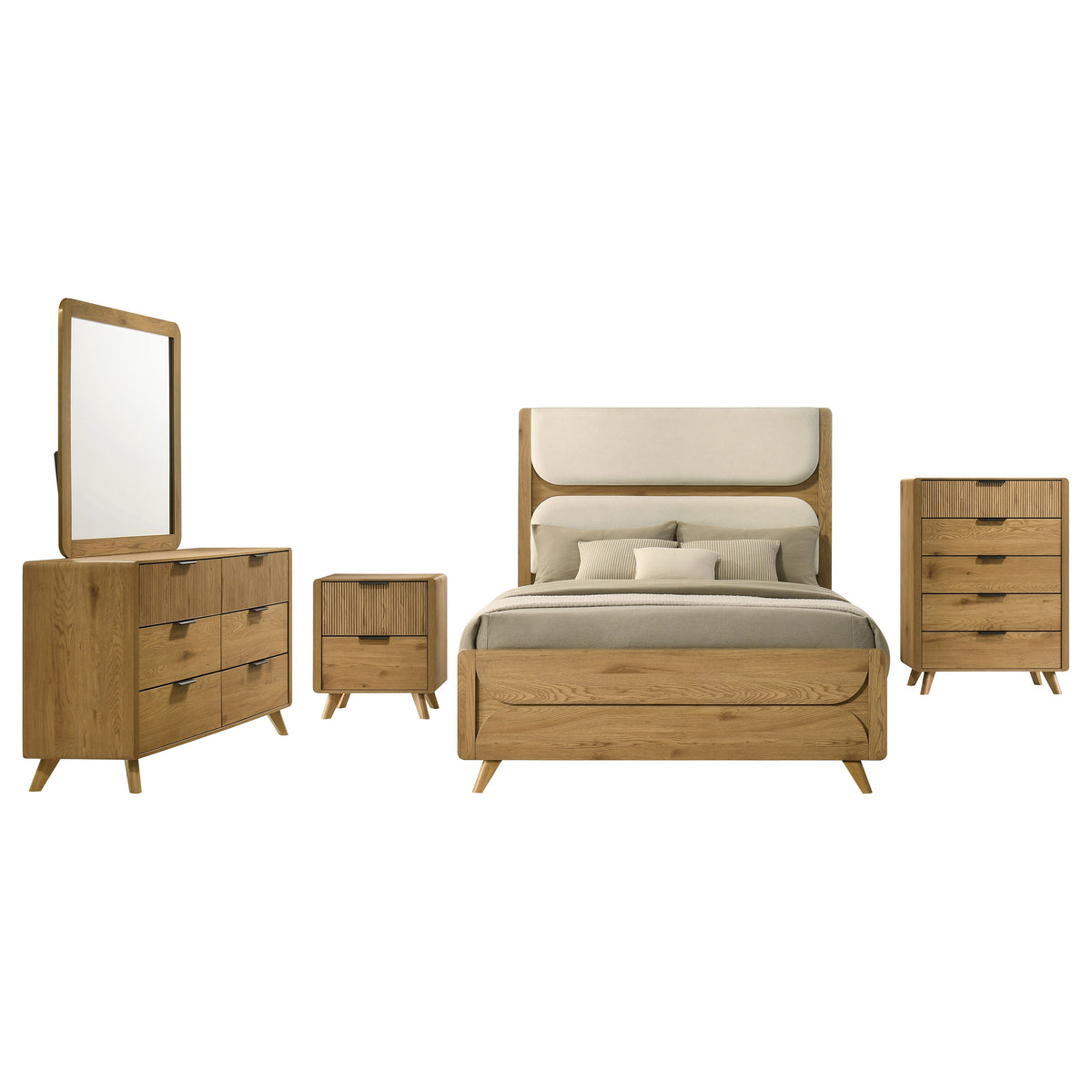 Bennett Full Cream Upholstered 5-Piece Mid-Century Bedroom Set Light Oak