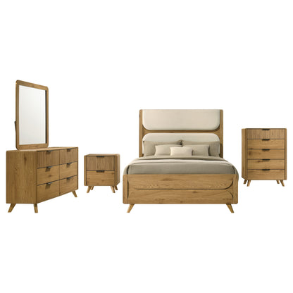 Bennett Full Cream Upholstered 5-Piece Mid-Century Bedroom Set Light Oak