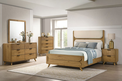 Bennett Full Cream Upholstered 5-Piece Mid-Century Bedroom Set Light Oak