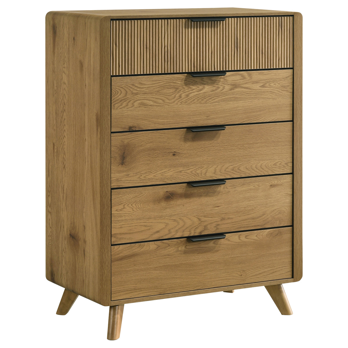 Bennett Twin Cream Upholstered 5-Piece Mid-Century Bedroom Set Light Oak
