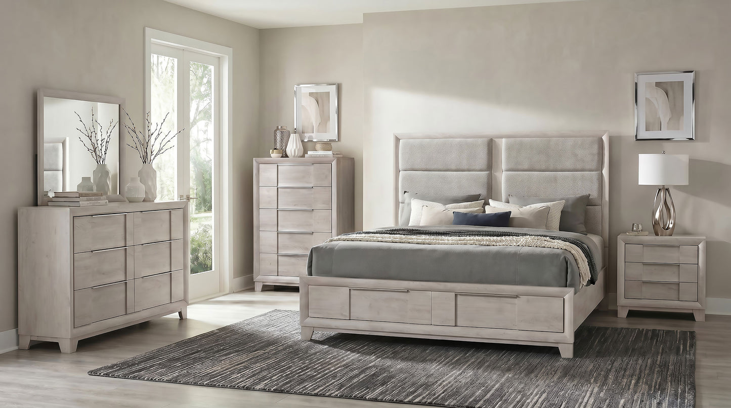 Farre Eastern King Upholstered Storage Platform Bed Washed Grey