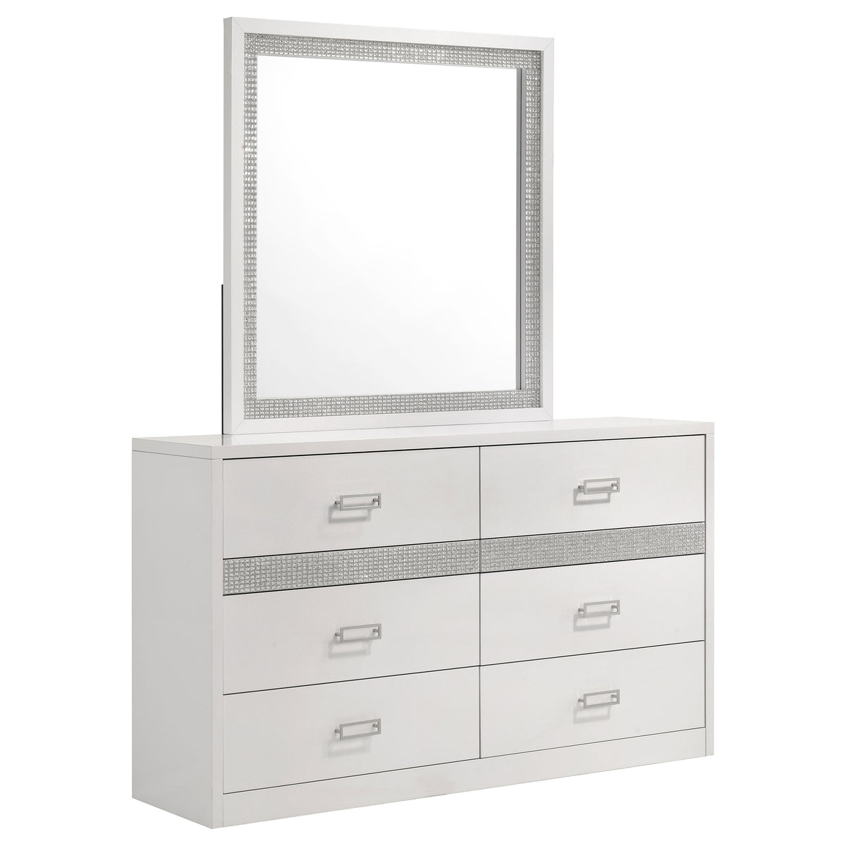 Viana 6-Drawer Bedroom Dresser with Beveled Mirror White High Gloss