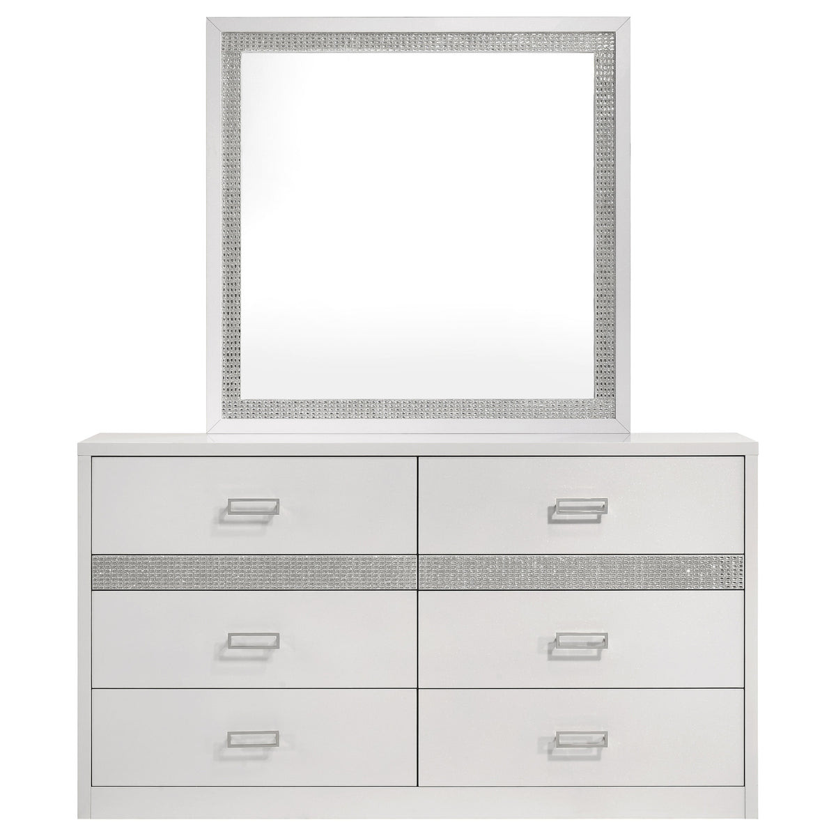 Viana 6-Drawer Bedroom Dresser with Beveled Mirror White High Gloss