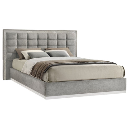 Viana Eastern King Chenille Platform Bed Grey and White High Gloss