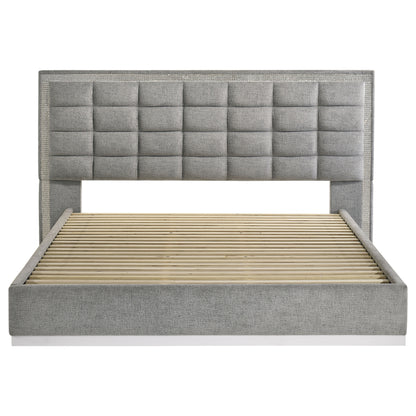 Viana Eastern King Chenille Platform Bed Grey and White High Gloss
