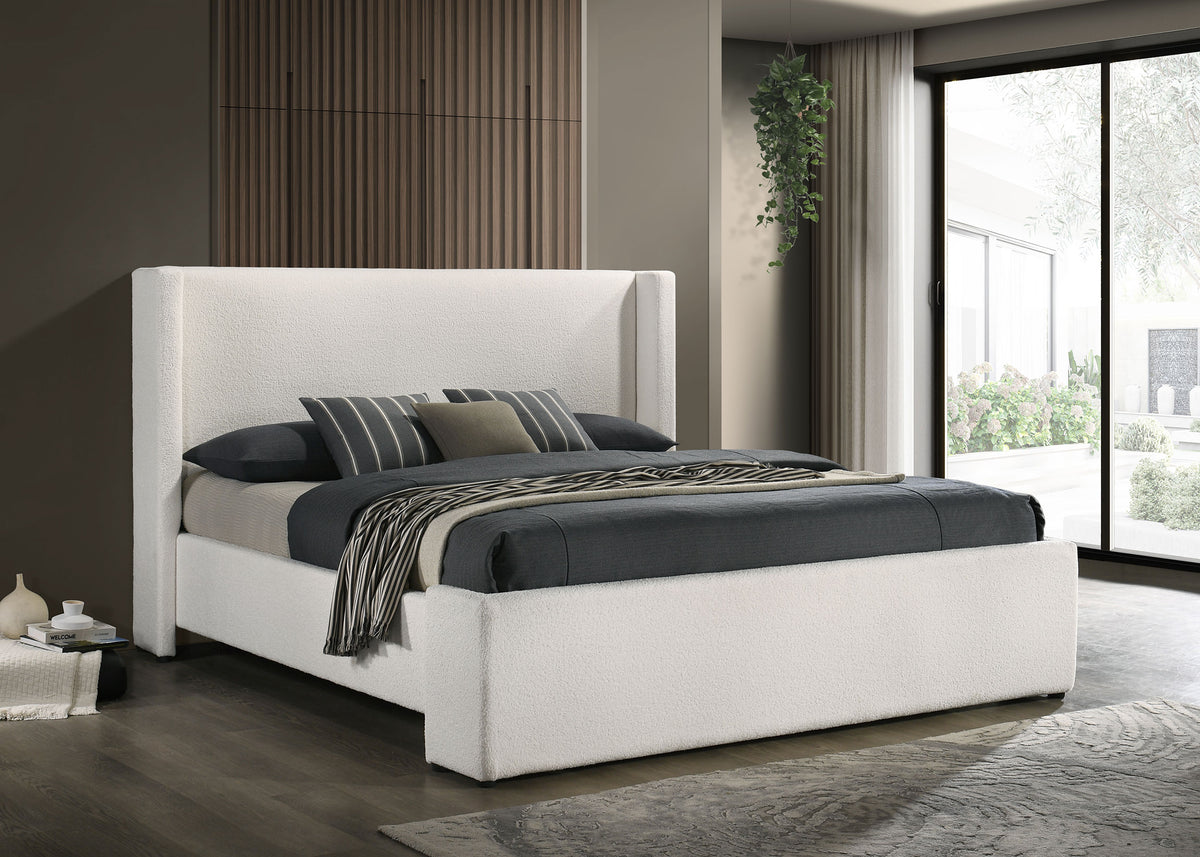 Alamosa Eastern King Boucle Upholstered Wingback Platform Bed White