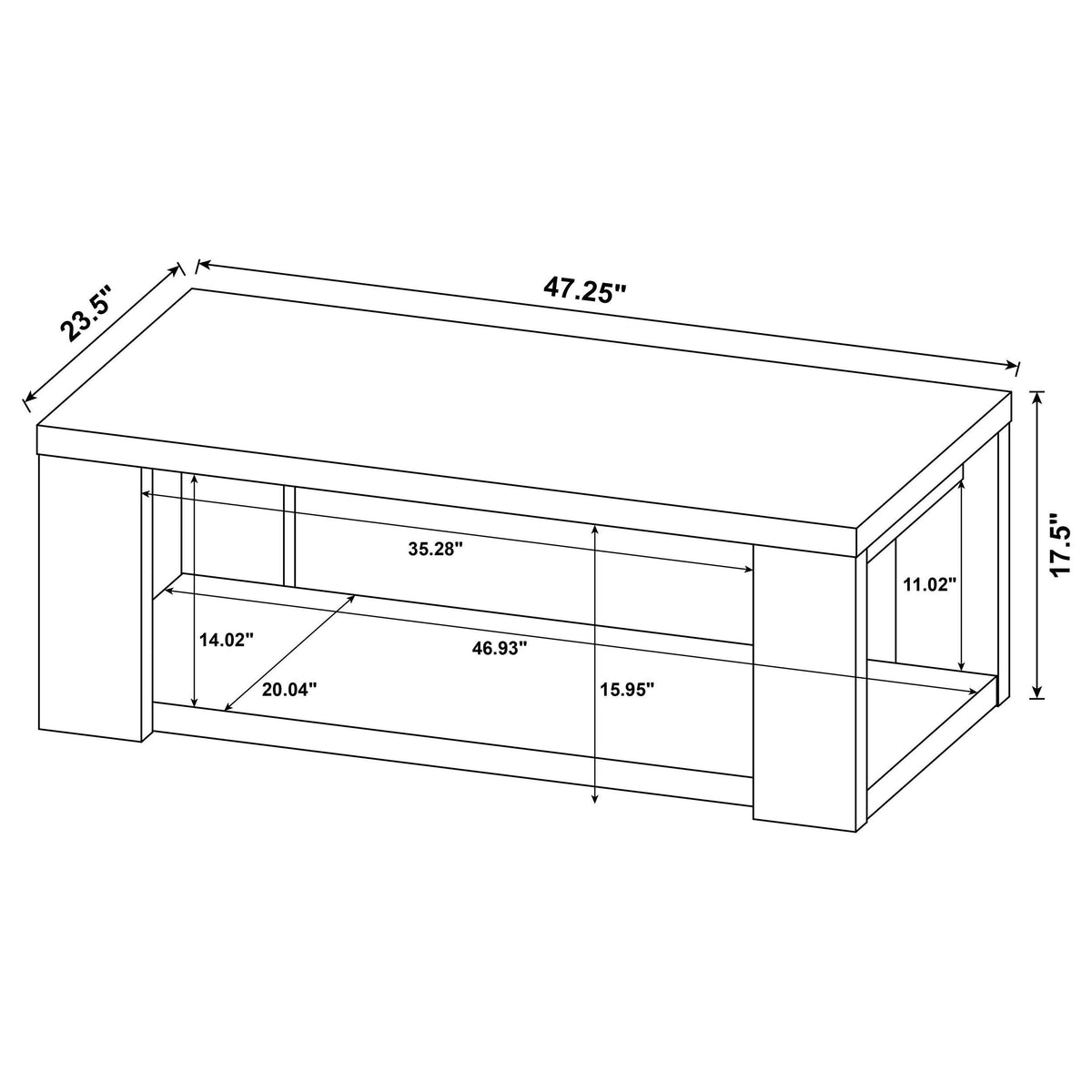 Pavone Transitional Rectangular Coffee Table with Open Lower Shelf Black