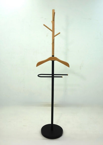 Lewis Freestanding Valet Coat Rack with Light Oak Hanger and Black Frame